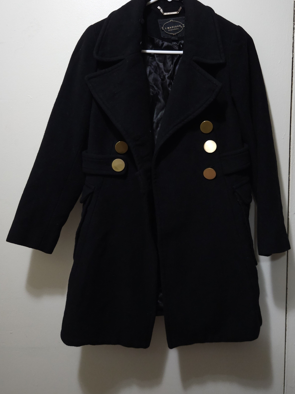 1 Madison Black Double-Breasted Pea Coat with Gold Buttons